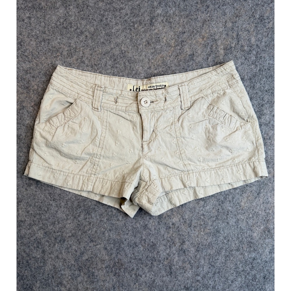 Vintage Y2K Lei Micro Low Rise Shorts 9 Beige Embroidered Eyelet Cotton Preppy